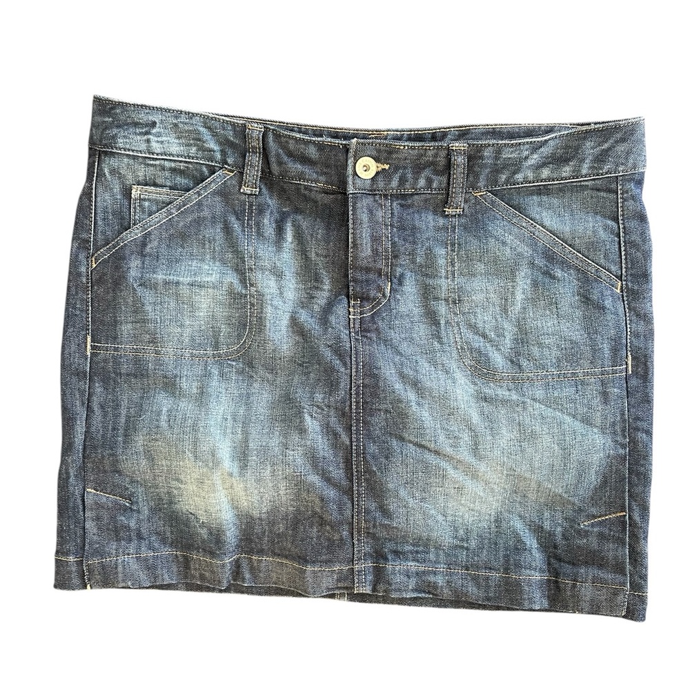 CALVIN KLEIN Dark Blue Navy Distressed Denim Classic Mini Skirt Size 16